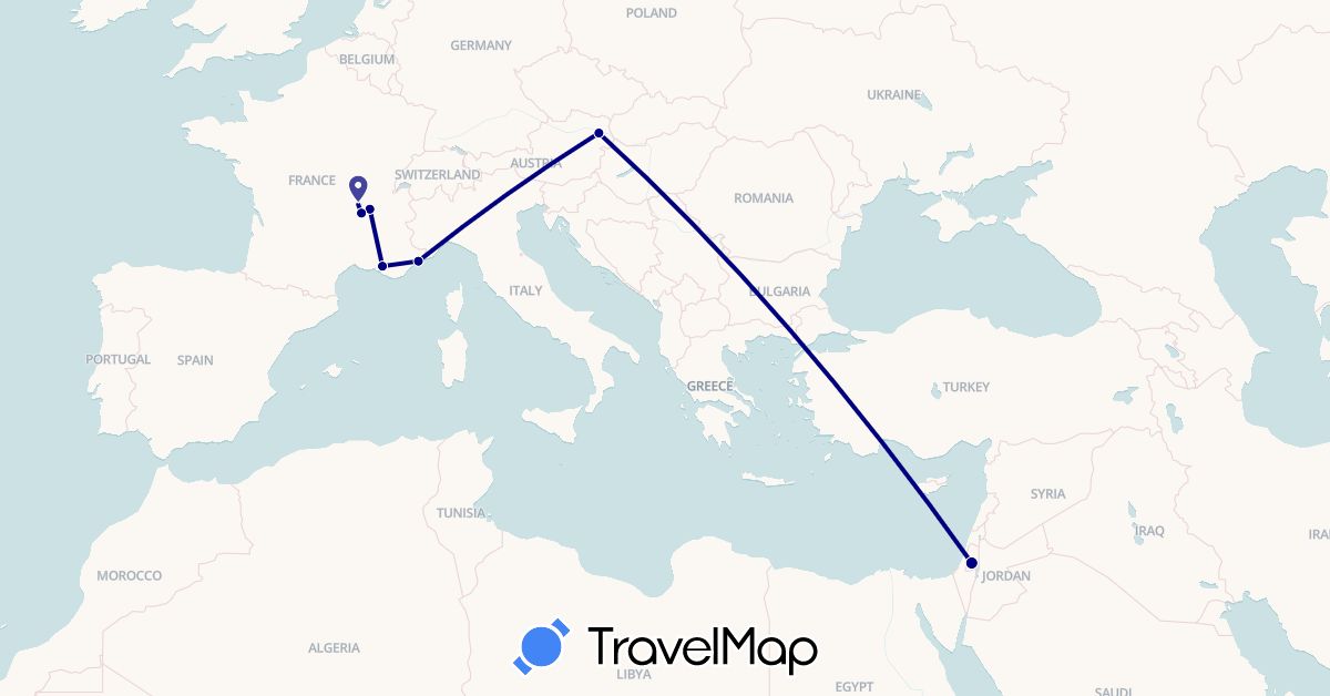 TravelMap itinerary: driving, plane in Austria, France (Europe)